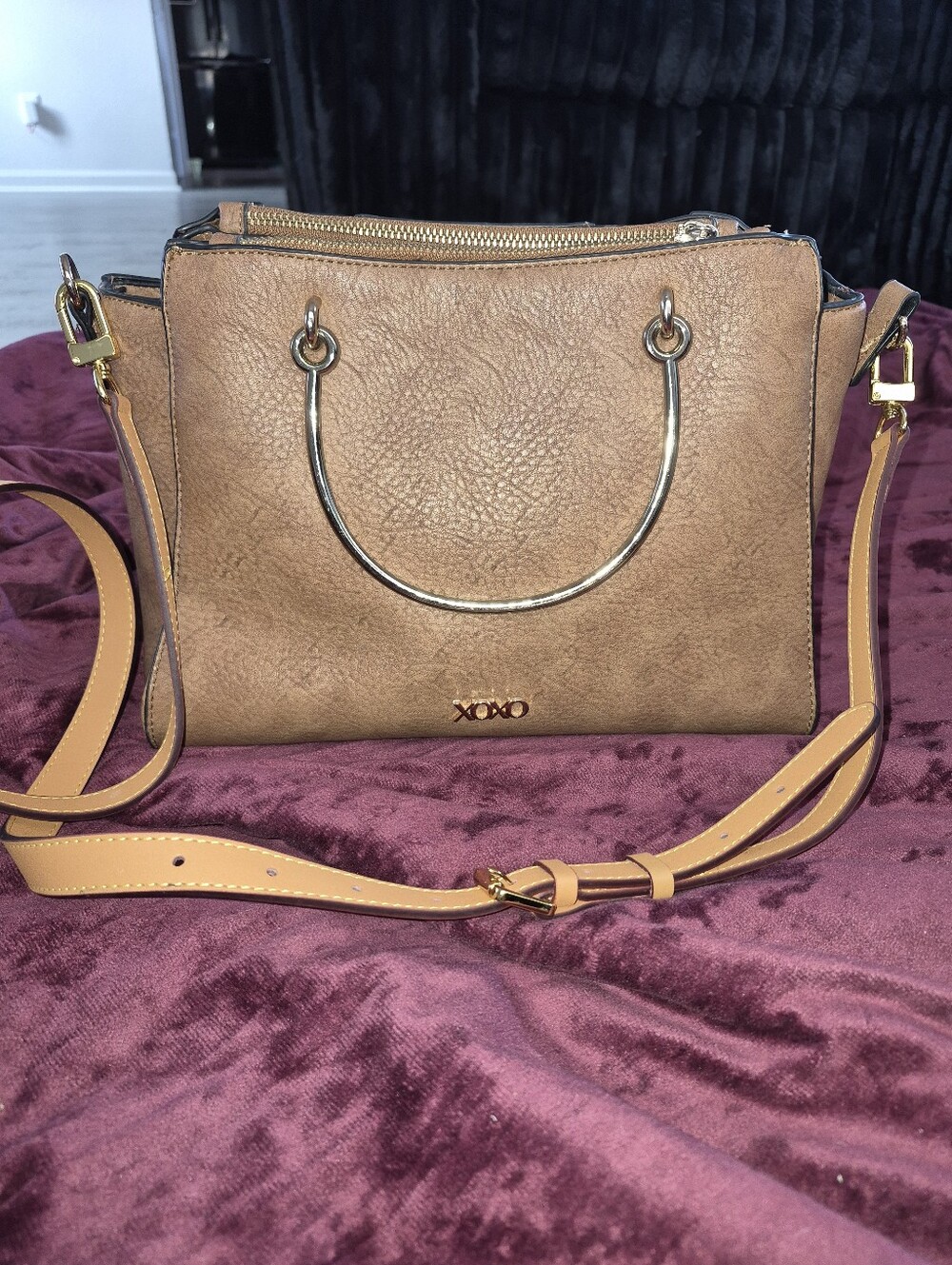 XOXO Camel Brown Crossbody Bag with Gold Accent